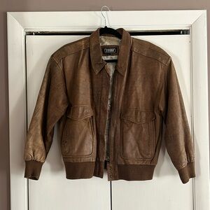 Brown leather bomber jacket